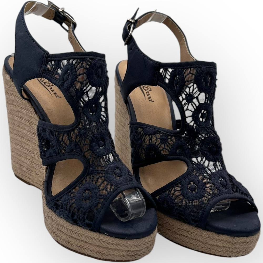 Lucky Brand Ranette Wedge Espadrille Sandals Women 9/39 Navy Blue Crochet Resort